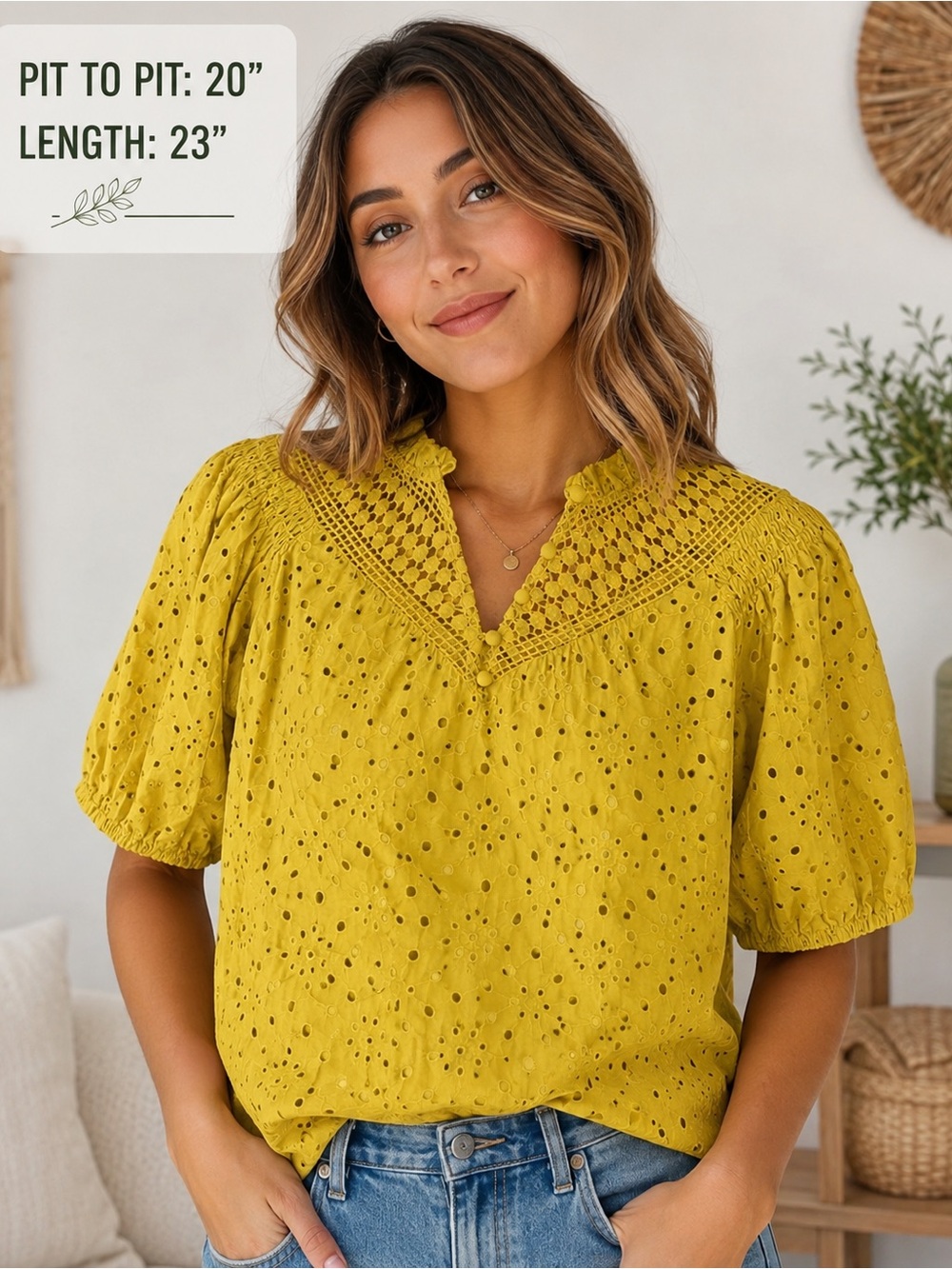 Adiva Mustard Eyelet Lace V-Neck Blouse